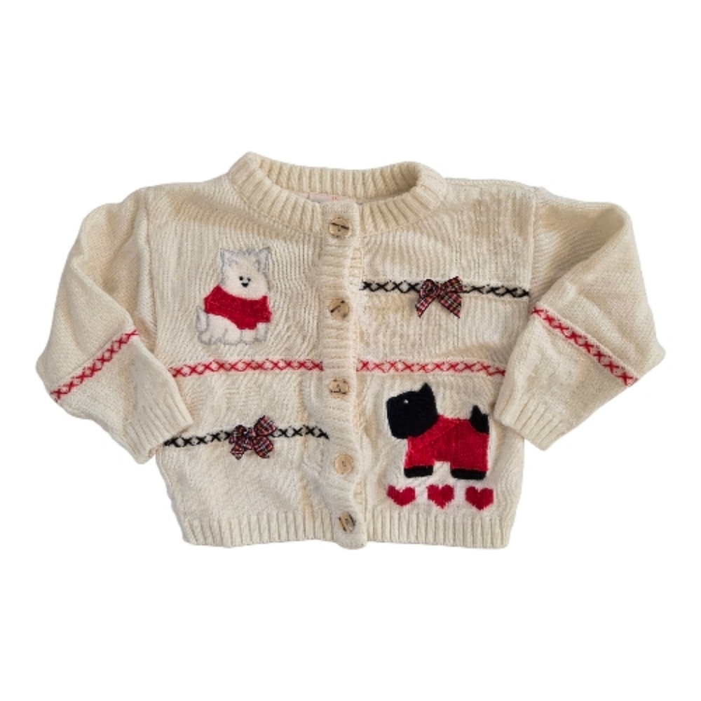 Vingage Y2k B.t. Kids Cream Cardigan Sweater Bows And Scottish Terrier
